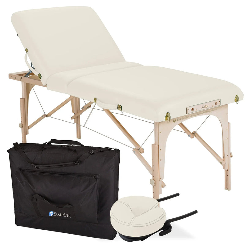 Earthlite Avalon mobile Massageliege, Farbe Creme, Vollansicht und Zubehoer