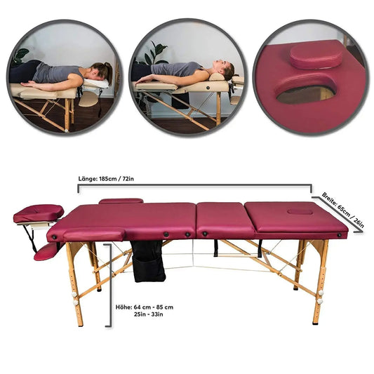 Massunda all inklusive, mobile Massageliege, Farbe Burgund, Vollansicht, Masse