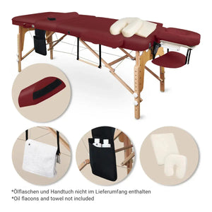Mobile Massageliege Massunda all inklusive, Lieferumfang, Farbe: Burgund