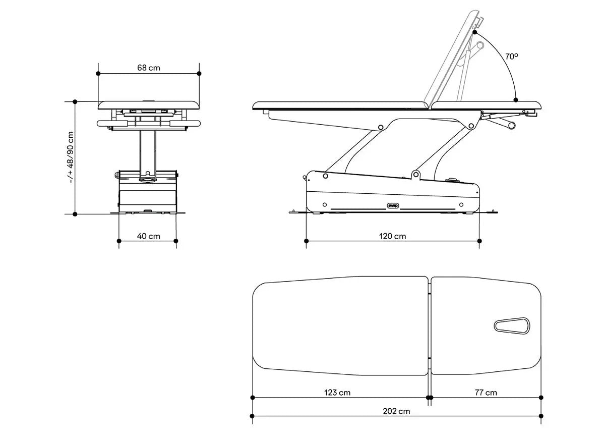 Naggura Swop 2L Pro Physio Therapieliege, technische Zeichnung Dimensionen