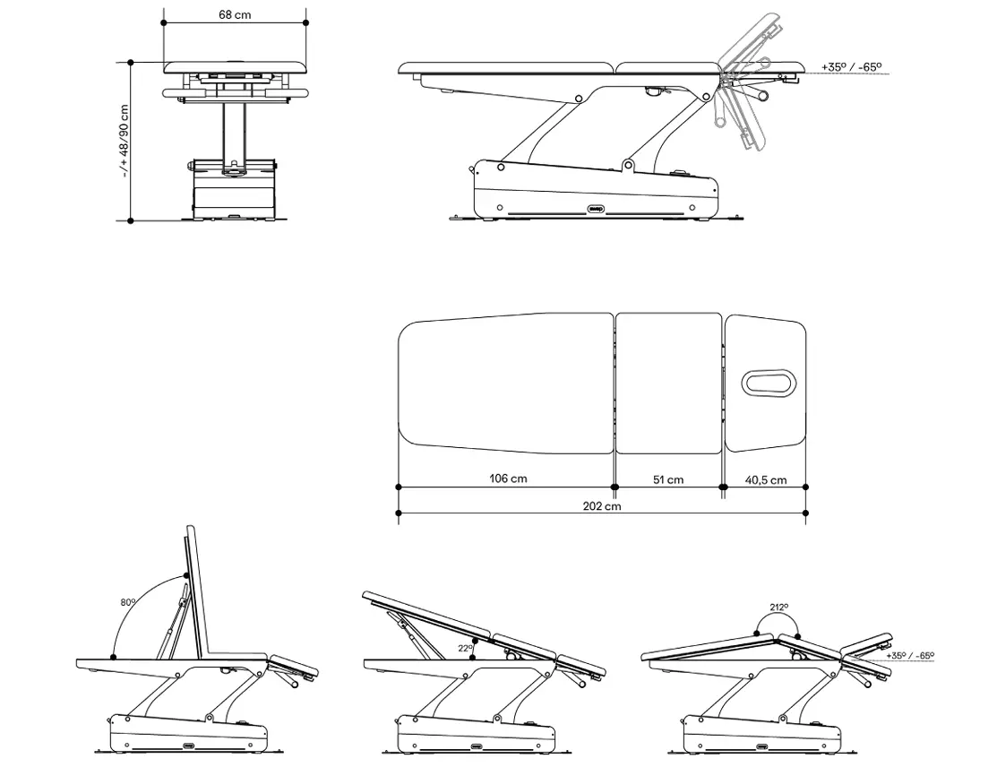 Naggura Swop 3 Pro Physio, elektrische Therapieliege, technische Zeichnung der Funktionen