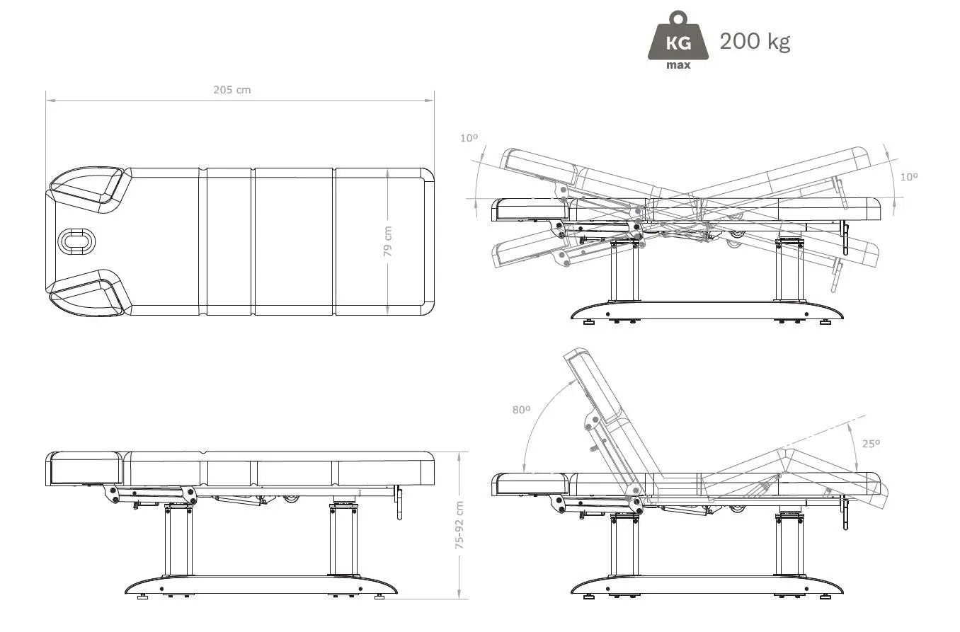 Sonia elektrische Wellnessliege Chara, weiß, Dimensionen Skizze