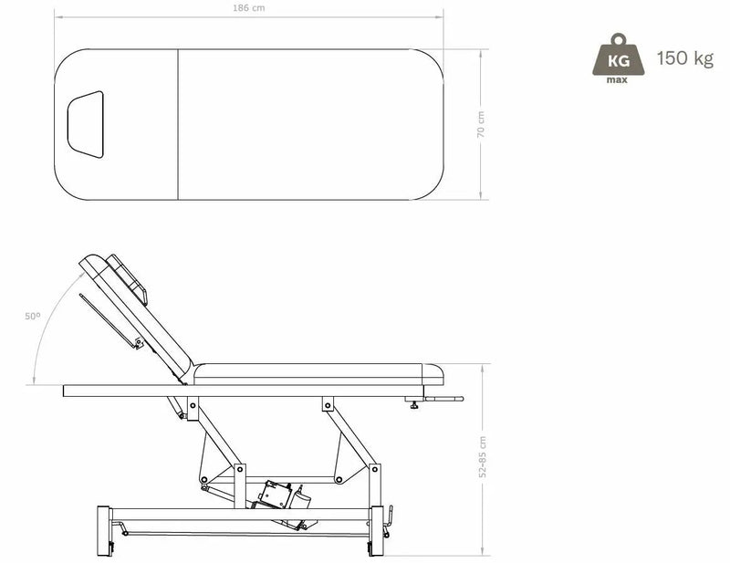 Sonia Vienna elektrische Massageliege, 2 Segmente, technische Zeichnung