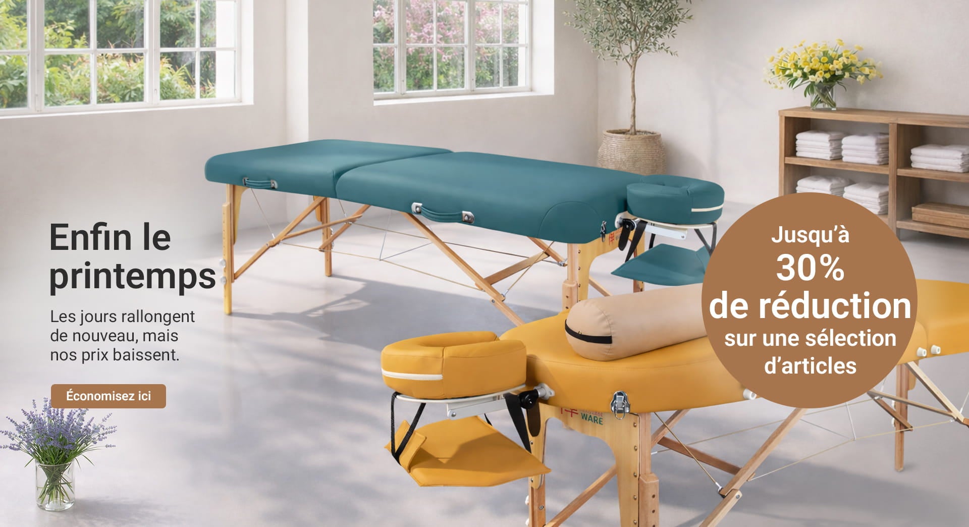 Offres de printemps, tables de massage et accessoires à prix réduits - bannière de bureau