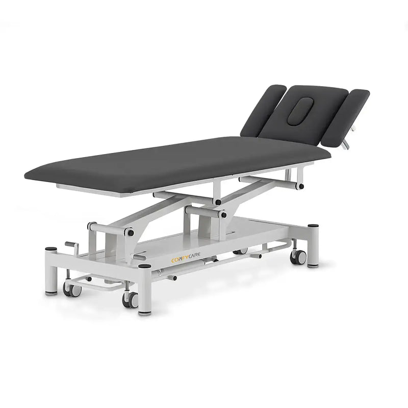 Therapieliege elektrisch, Coinfycare Paris, Vollansicht, Farbe dunkelgrau, Kopfteil angestellt