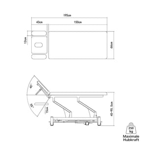 Therapieliege elektrisch, Coinfycare Paris, Vollansicht, Farbe dunkelgrau, technische Zeichnung