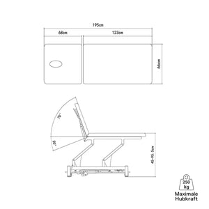 Elektrische Therapieliege ROM | 2 Segmente, technische Zeichnung