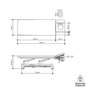 Therapieliege elektrisch, Massunda Smart, technische Zeichnung