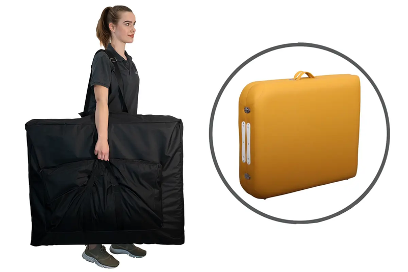 Zen Massage Ware Round Corner, mobile Massageliege, Farbe Safrangelb, Kofferansicht