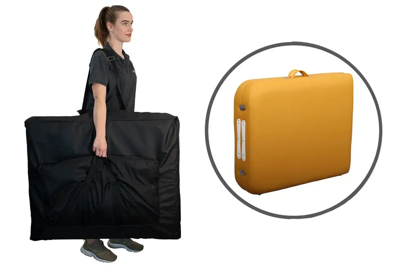 Zen Massage Ware Round Corner, mobile Massageliege, Farbe Safrangelb, Kofferansicht