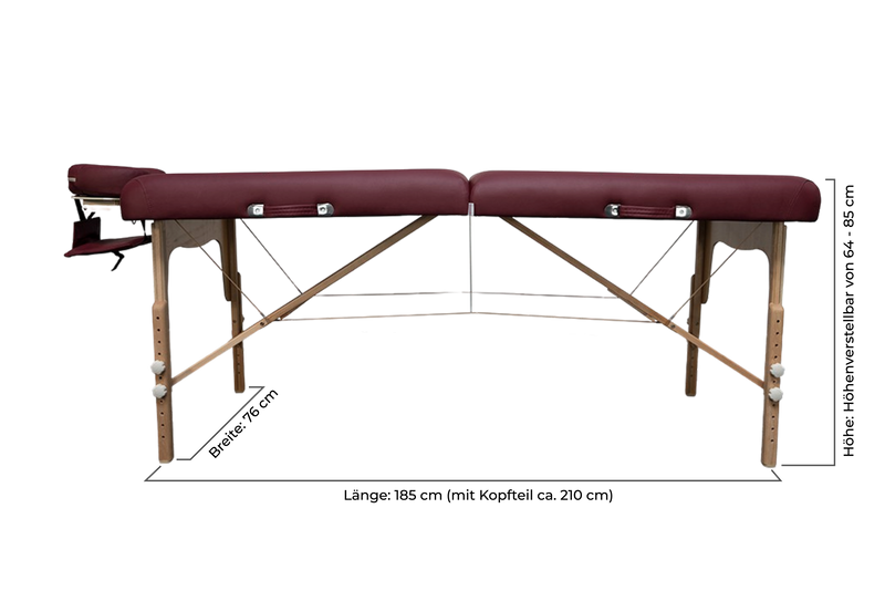 Zen Massage Ware Round Corner, mobile Massageliege, Seitenansicht und Masse