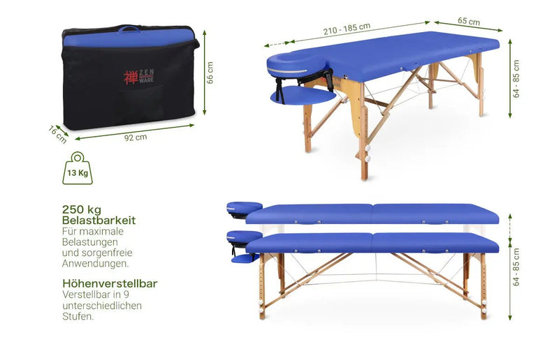 Zen Massage Ware Startup, mobile Massageliege, koenigsblau, Vollansicht, Abmessungen