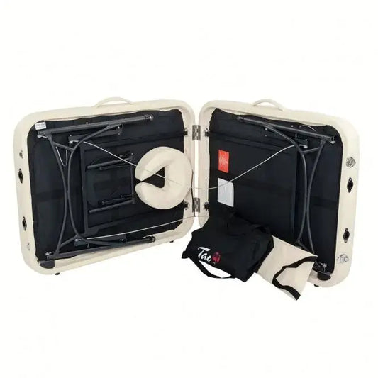 Zen Stronglight, leichte klappbare Massageliege, Farbe Creme, Ansicht Klappmechanismus