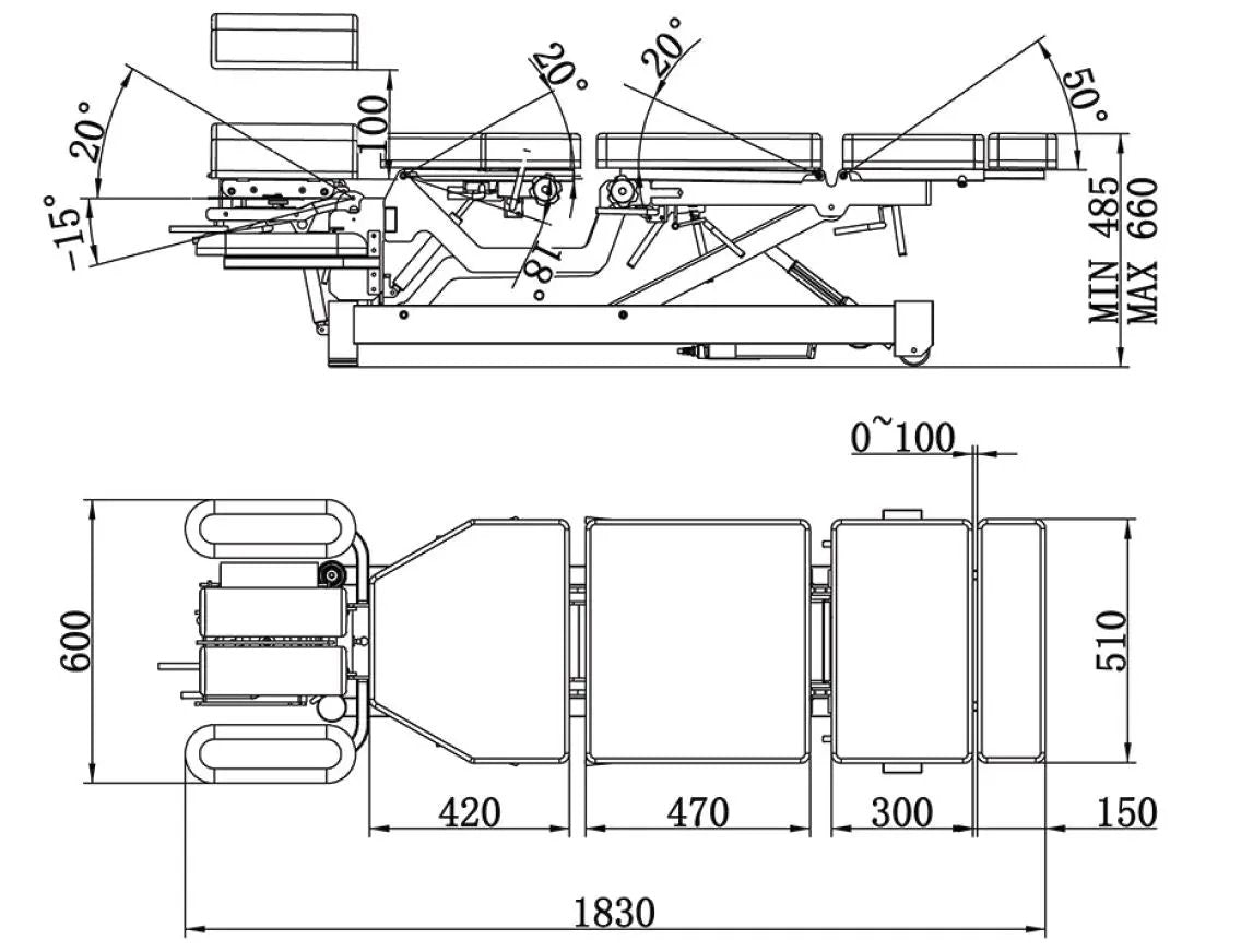 Coinfycare elektrische Chiropraktikerliege, 6 Segmente, technische Zeichnung