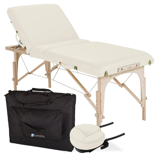 Earthlite Avalon mobile Massageliege, Farbe Creme, Vollansicht und Zubehoer
