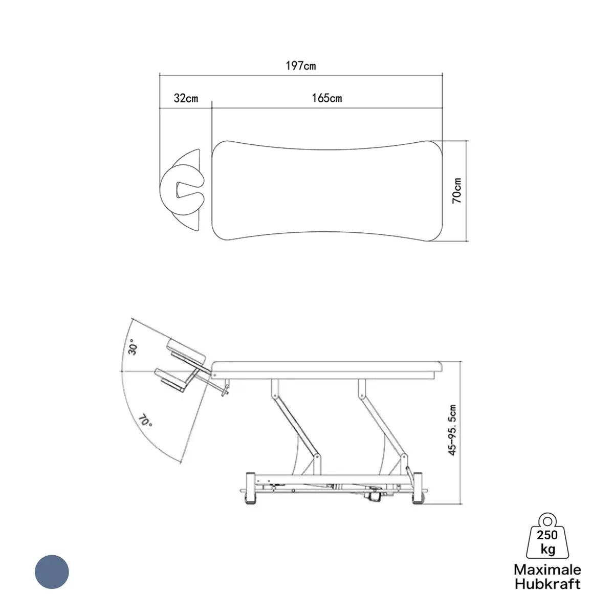 Massageliege elektrisch, Coinfycare Berlin, Skizze, Farbe: Marineblau