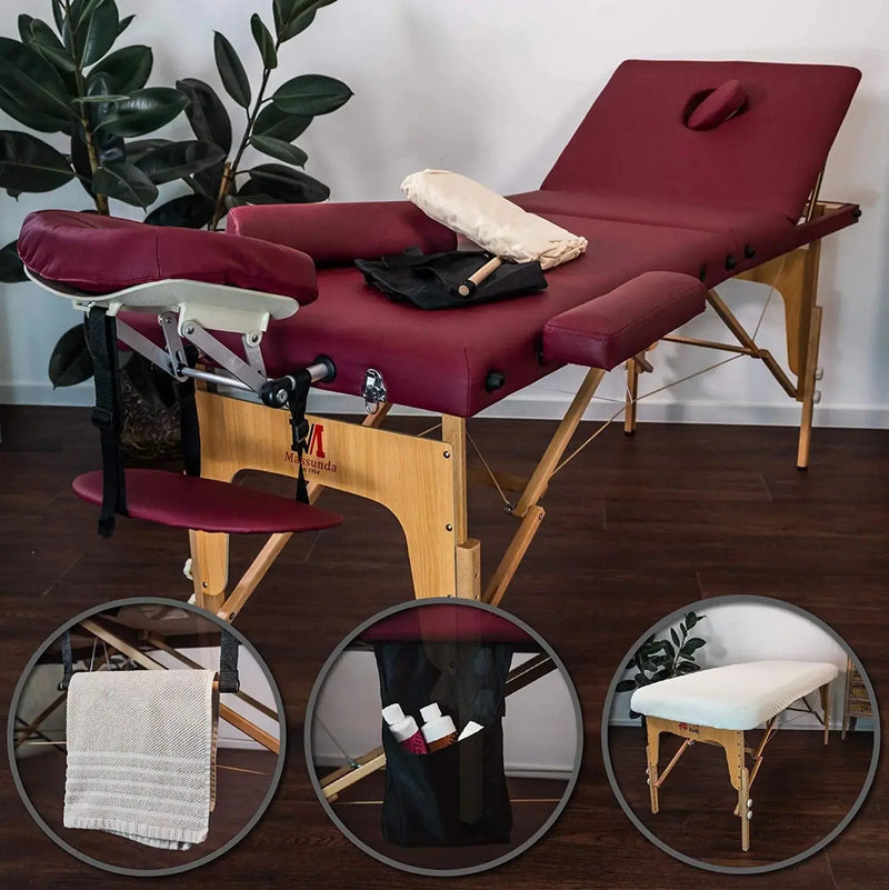 Massunda all inklusive, mobile Massageliege, Farbe Burgund, Details und Farbvariante