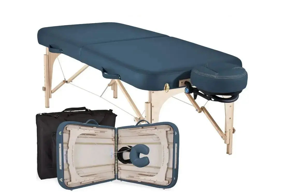 Mobile Massageliege Earthlite New Spirit, Farbe Mistic blue, Vollansicht und Kofferansicht