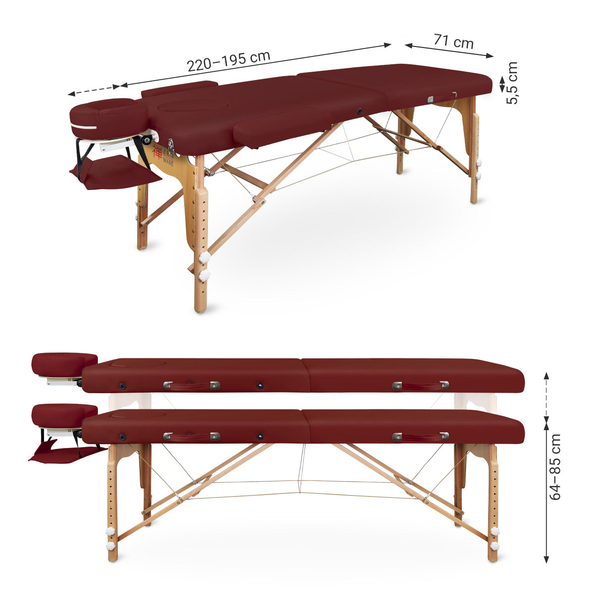 Mobile Massageliege Zen Basic 3 Flat, Abmessungen, Farbe: Burgund
