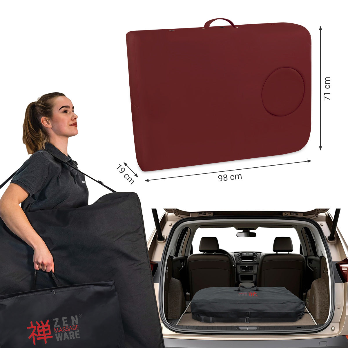 Mobile Massageliege Zen Basic 3 Flat, Koffermaße, Farbe: Burgund