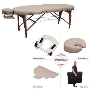 Mobile Massagliege, Zen Oval, Farbe Creme Vollansicht und Zubehör