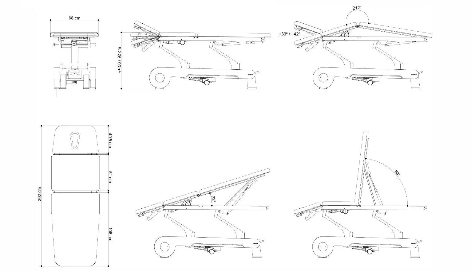 Naggura NRun 3, Therapieliege, 3 Segmente, technische Zeichnung