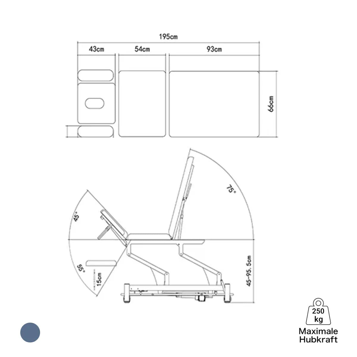 Therapieliege elektrisch, Coinfycare Barcelona, Skizze, Farbe: Marineblau