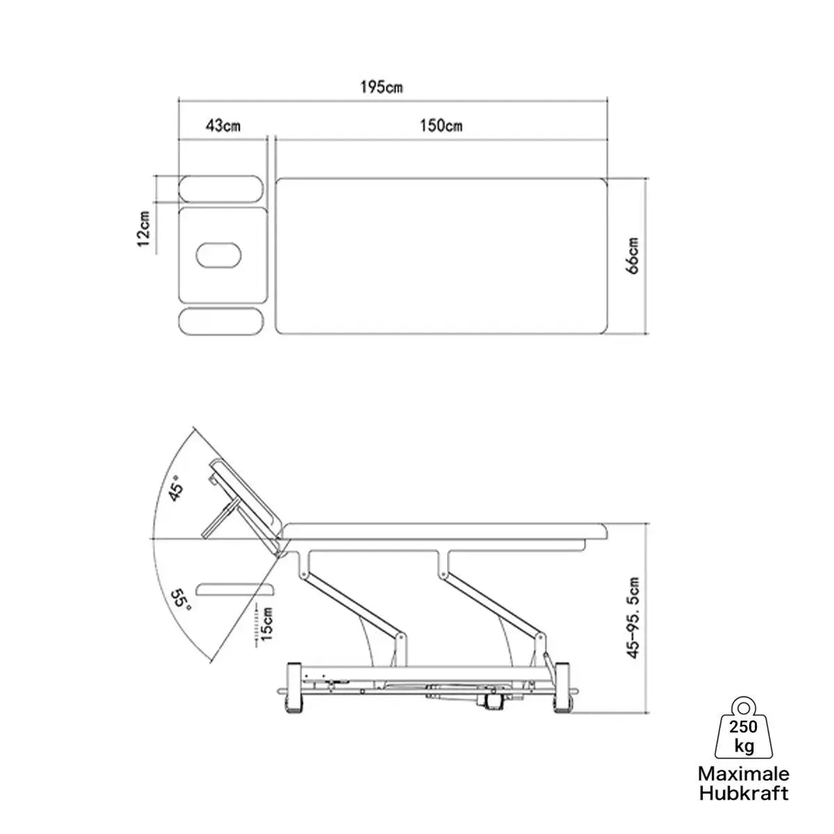 Therapieliege elektrisch, Coinfycare Paris, Vollansicht, Farbe dunkelgrau, technische Zeichnung