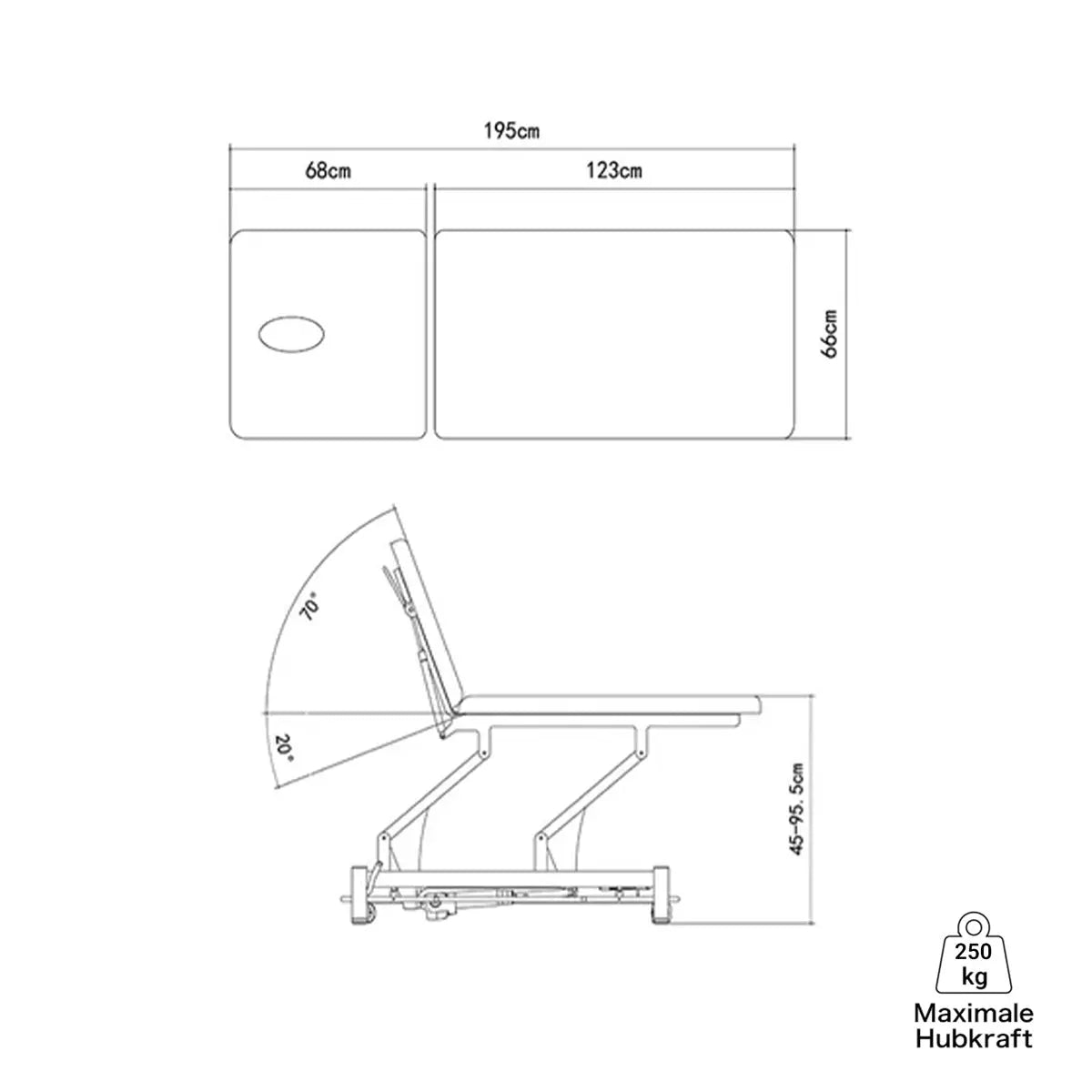 Elektrische Therapieliege ROM | 2 Segmente, technische Zeichnung