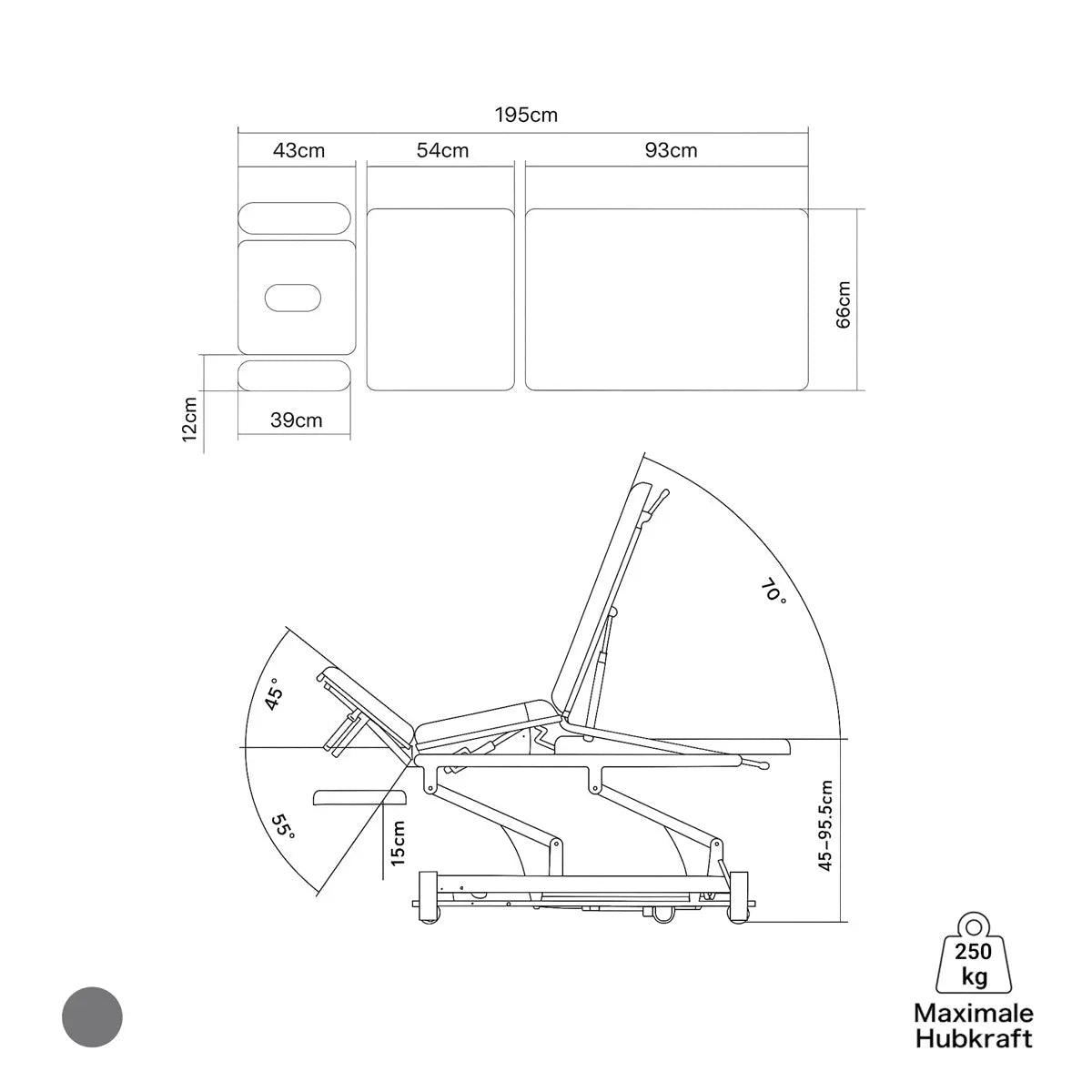Therapieliege elektrisch, Coinfycare Split, Skizze