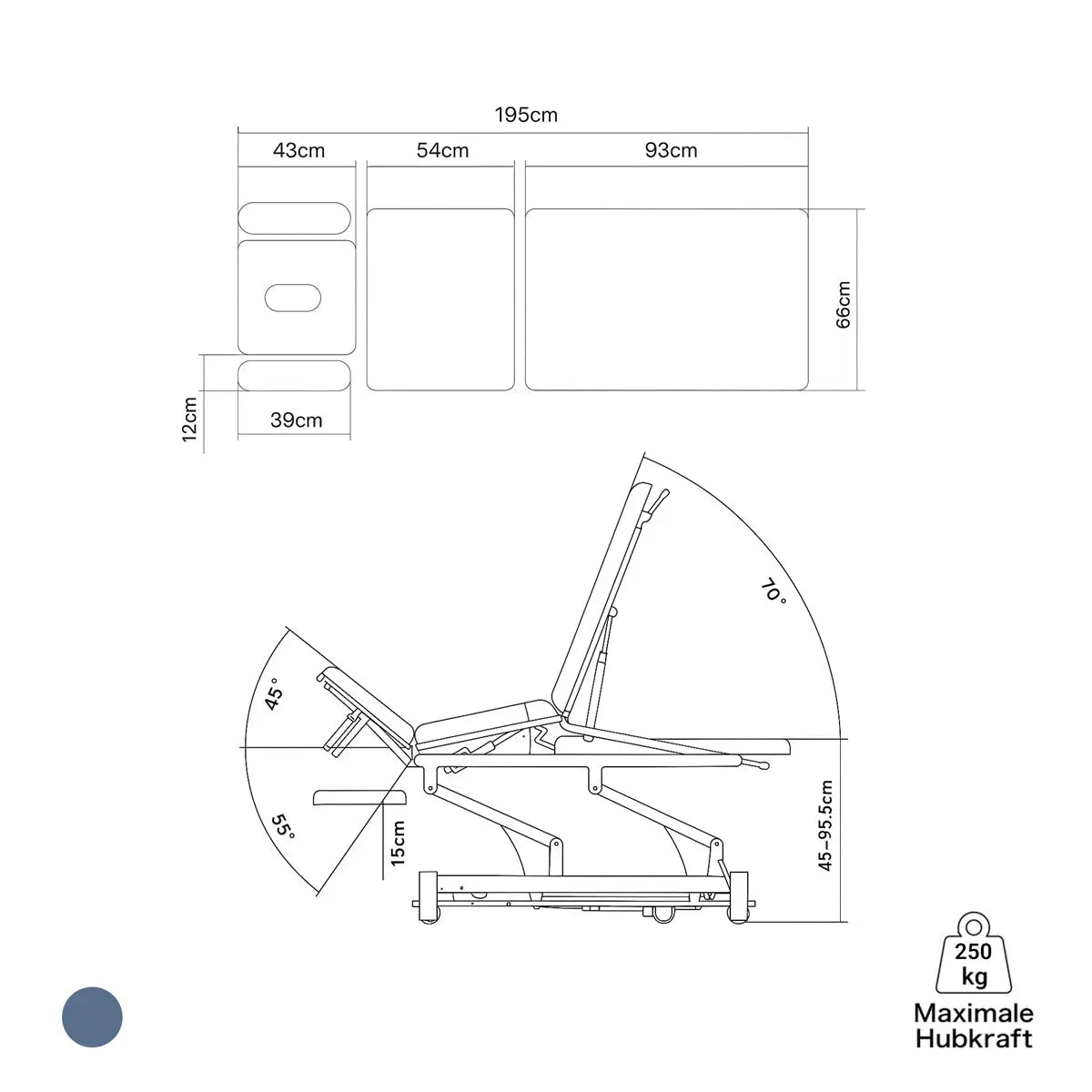 Therapieliege elektrisch, Coinfycare Split, Skizze