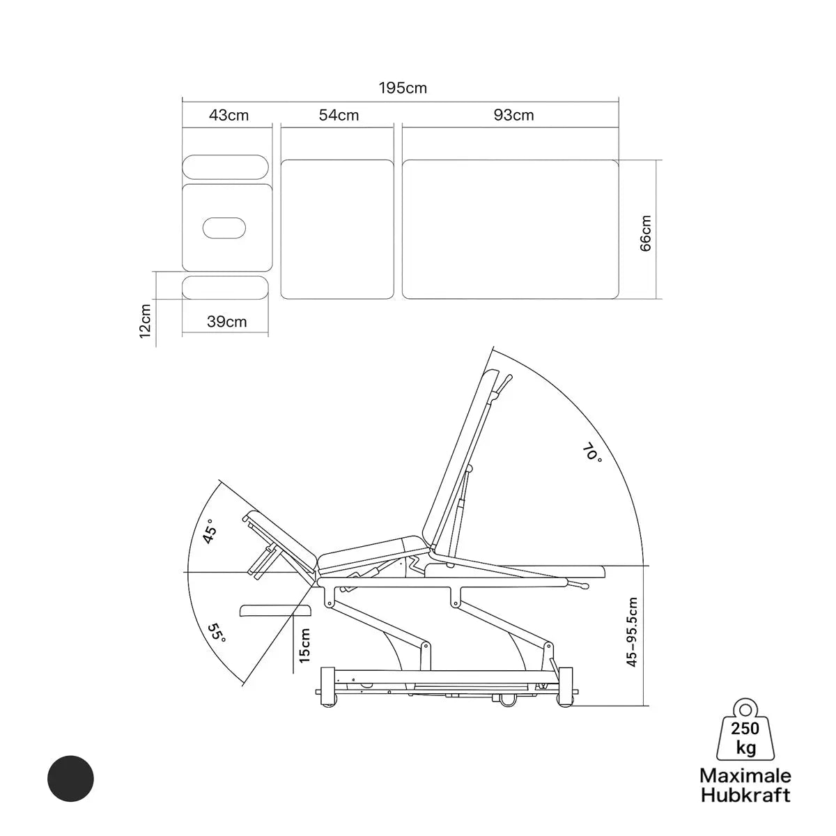 Therapieliege elektrisch, Coinfycare Split, Skizze