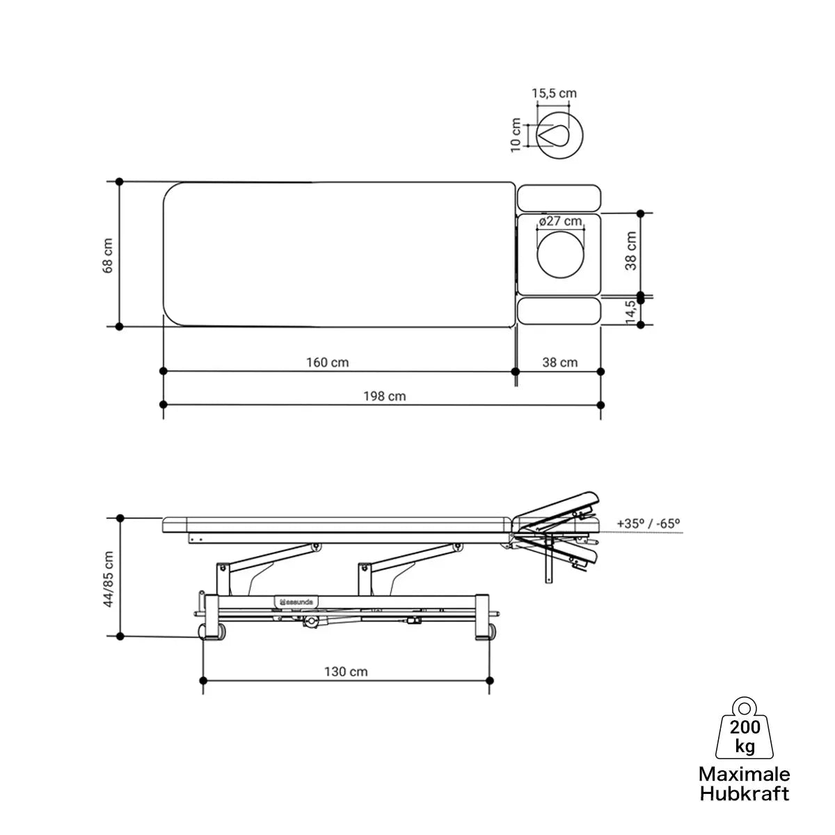 Therapieliege elektrisch, Massunda Smart, technische Zeichnung