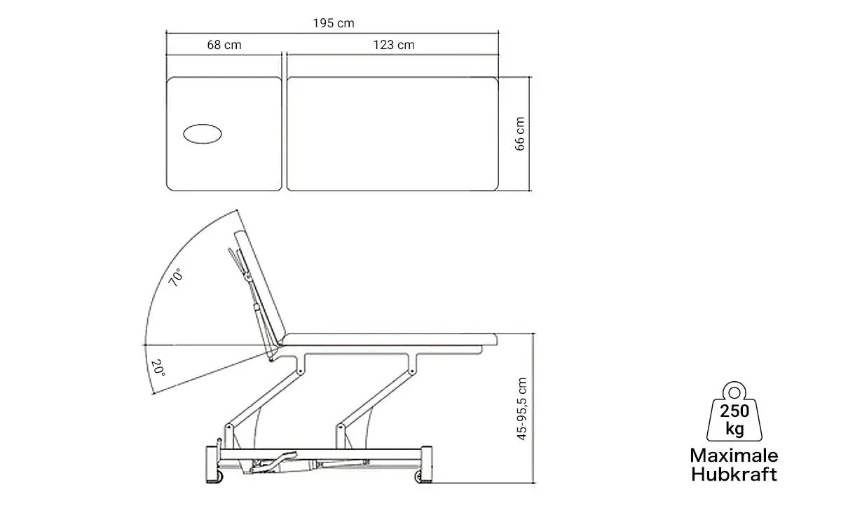 Hydraulische Therapieliege, Coinfycare Dublin, schematische Zeichnung