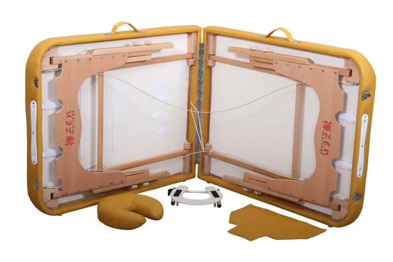 Zen Massage Ware Round Corner, mobile Massageliege, Farbe Safrangelb, geklappte Ansicht