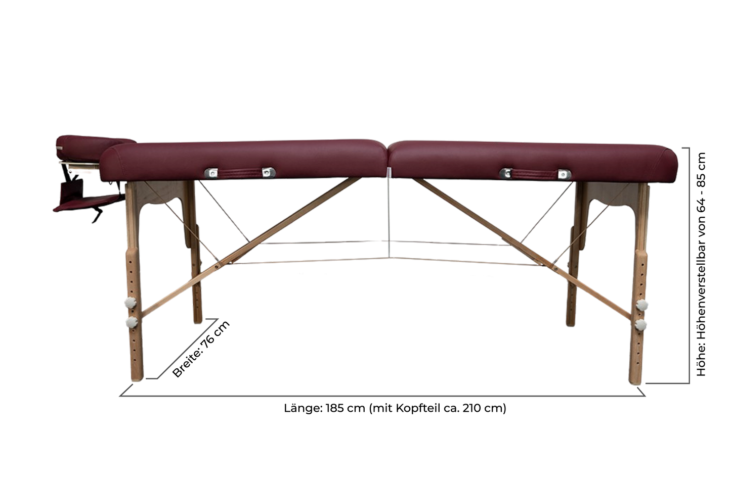 Zen Massage Ware Round Corner, mobile Massageliege, Seitenansicht und Masse