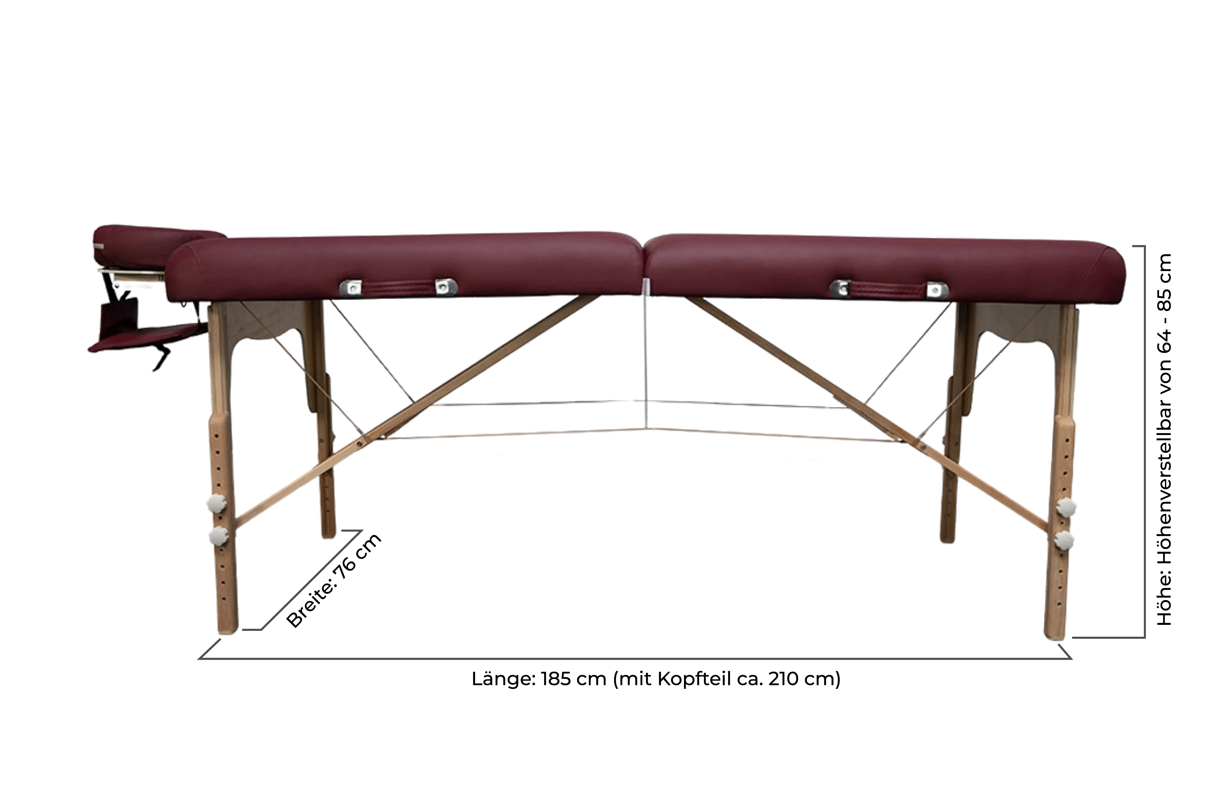 Zen Massage Ware Round Corner, mobile Massageliege, Seitenansicht und Masse