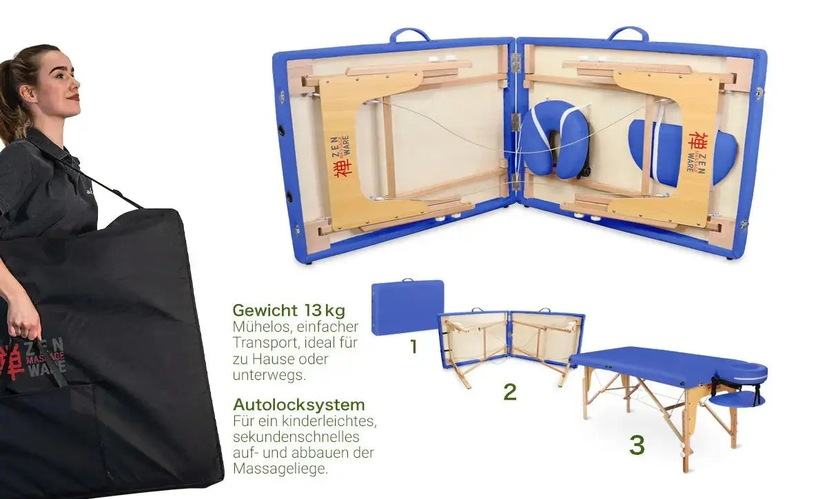 Zen Massage Ware Startup, mobile Massageliege, koenigsblau, Details und Zubehoer
