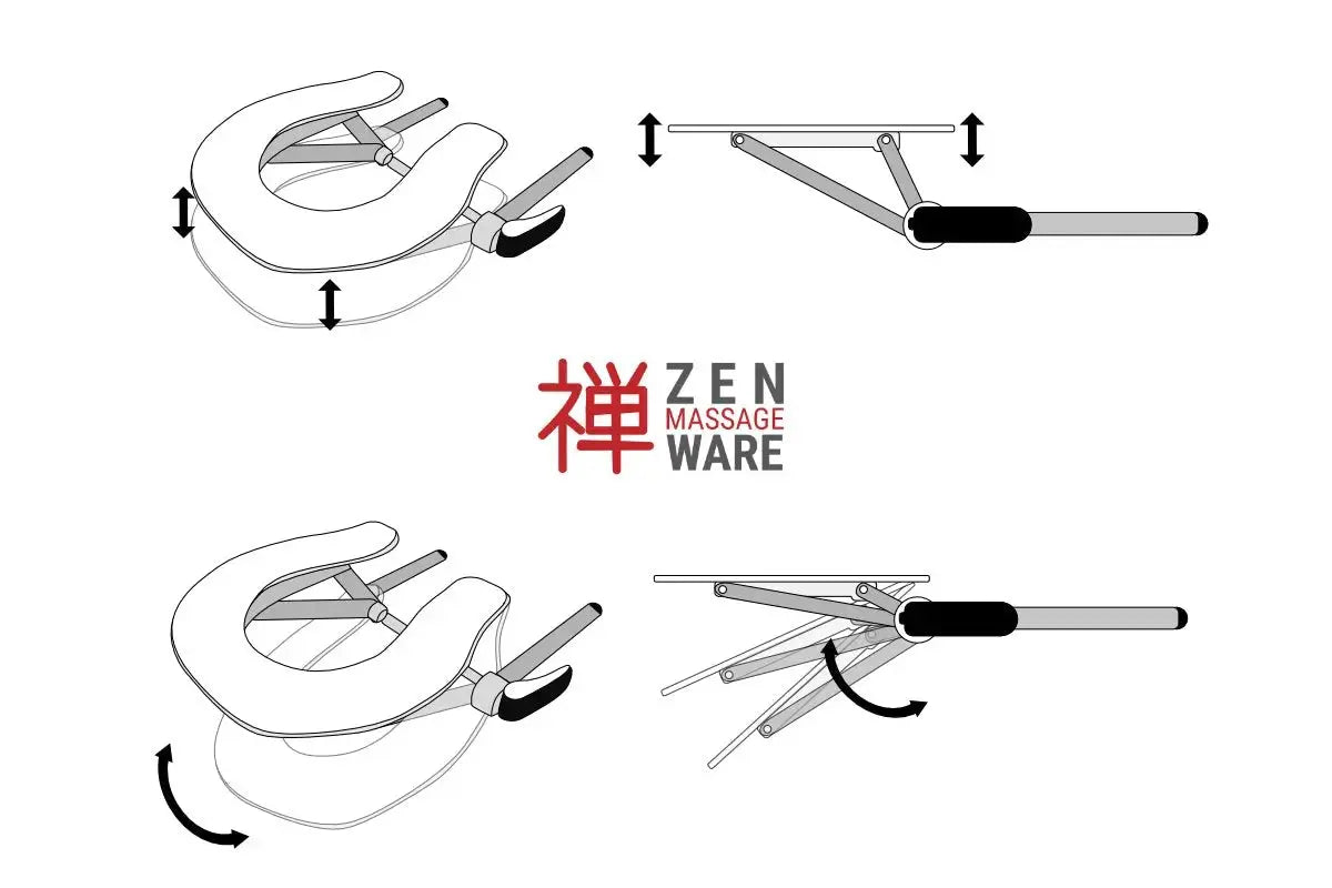 Zen Relax, klappbare Massageliege, Kopfstütze, schematische Darstellung und Funktionen